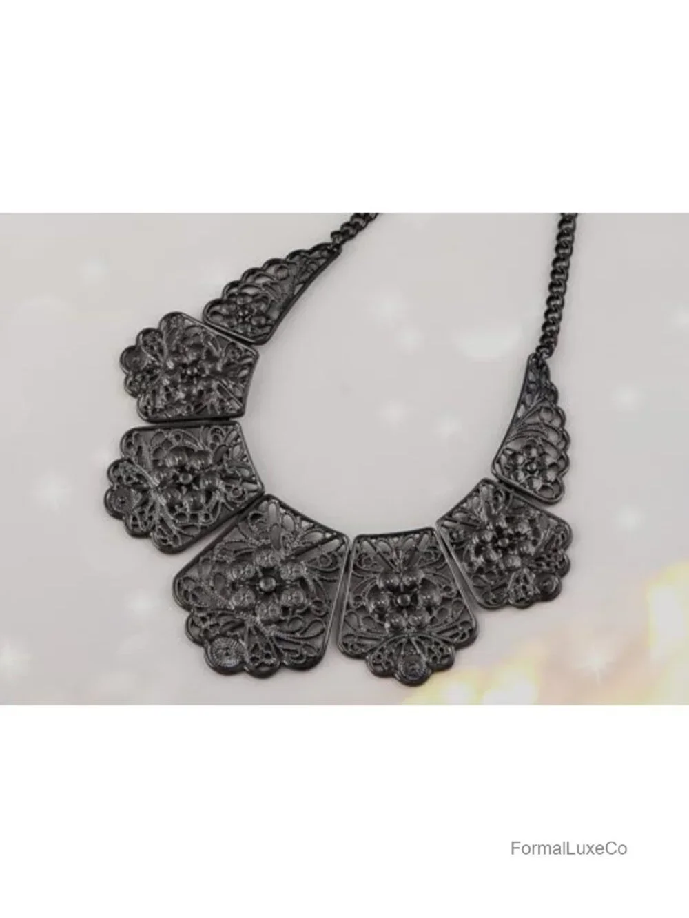 Matte Filigree Floral Cut Out Chunky Statement Bib Collar Necklace Costume